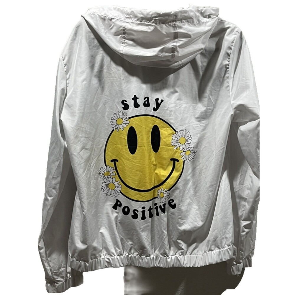 Orange Kiss Jacket Hoodie Windbreaker STAY POSITIVE Happy Face White Yellow XL‎